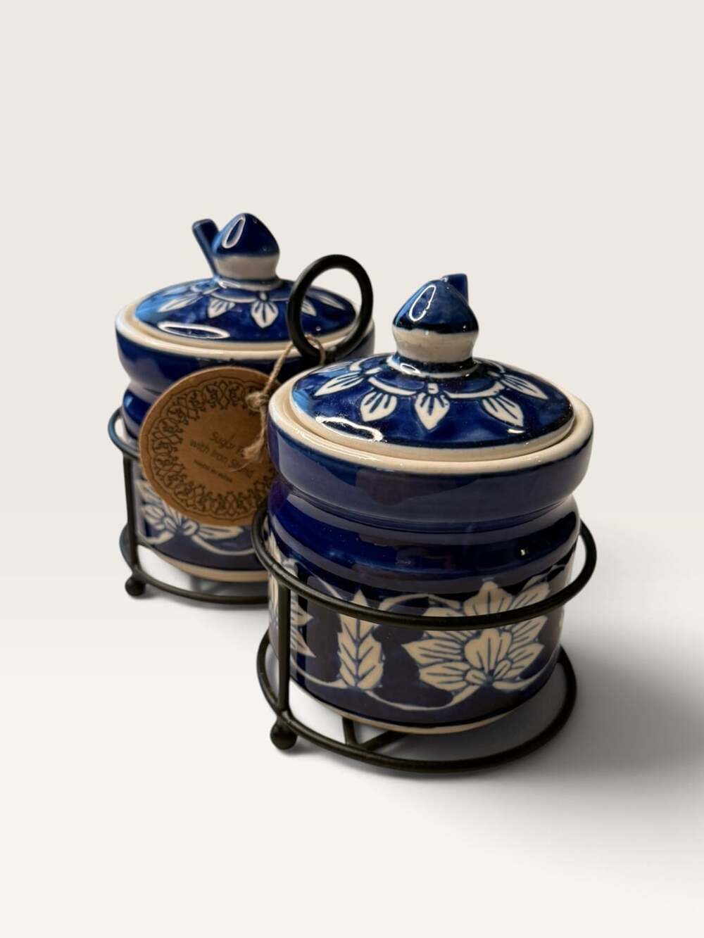 Handcrafted Indian Ceramic Sugar Pot with Iron Stand Blue White Floral